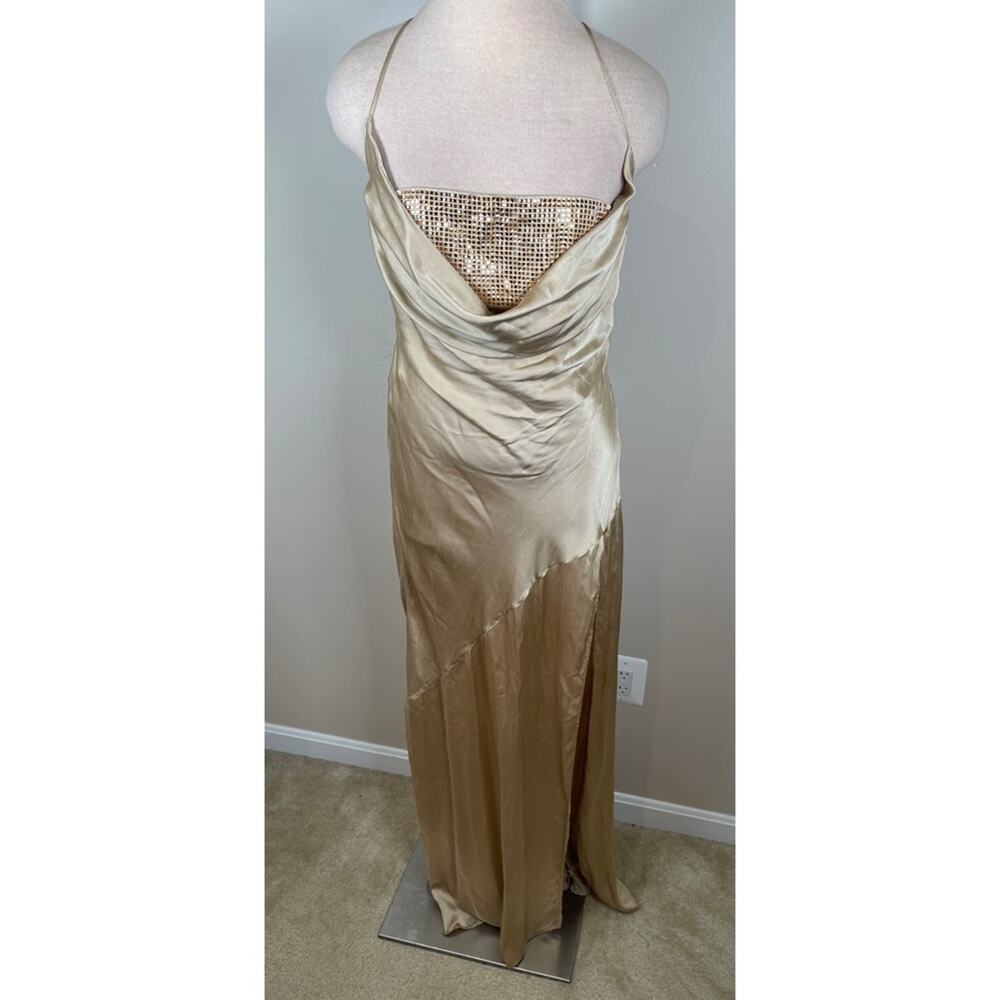 RETROFETE Emery Crystal Embellished Silk Nude Gold Maxi Dress Size Medium - Picture 4 of 11